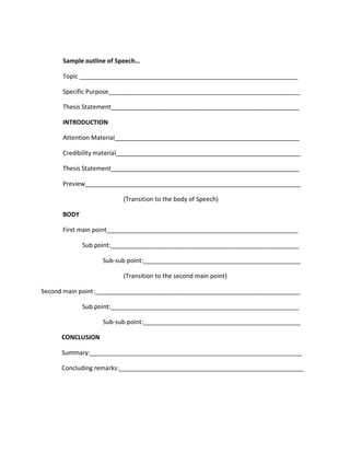Sample outline of Speech…

      Topic _______________________________________________________________

      Specific Purpose________________________________________________________

      Thesis Statement_______________________________________________________

      INTRODUCTION

      Attention Material______________________________________________________

      Credibility material______________________________________________________

      Thesis Statement_______________________________________________________

      Preview_______________________________________________________________

                         (Transition to the body of Speech)

      BODY

      First main point________________________________________________________

             Sub point:_______________________________________________________

                   Sub-sub point:______________________________________________

                         (Transition to the second main point)

Second main point:____________________________________________________________

             Sub point:_______________________________________________________

                   Sub-sub point:______________________________________________

      CONCLUSION

      Summary:______________________________________________________________

      Concluding remarks:______________________________________________________
 