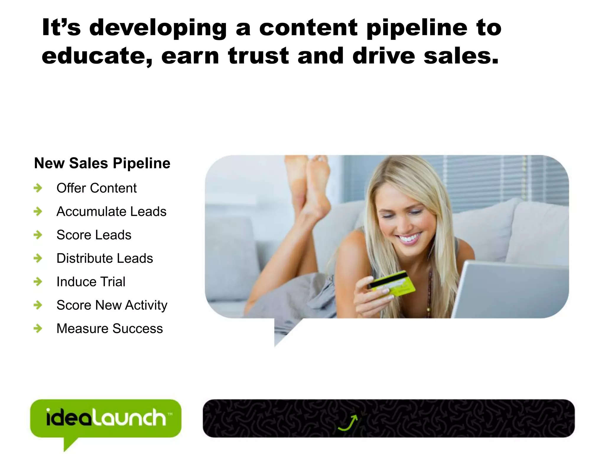 It’s developing a content pipeline to
educate, earn trust and drive sales.



New Sales Pipeline
  Offer Content
  Accumulate Leads
  Score Leads
  Distribute Leads
  Induce Trial
  Score New Activity
  Measure Success
 