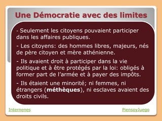 Une Démocratie avec des limites

   - Seulement les citoyens pouvaient participer
   dans les affaires publiques.
   - Les citoyens: des hommes libres, majeurs, nés
   de père citoyen et mère athénienne.
   - Ils avaient droit à participer dans la vie
   politique et à être protégés par la loi: obligés à
   former part de l’armée et à payer des impôts.
   - Ils étaient une minorité; ni femmes, ni
   étrangers (méthèques), ni esclaves avaient des
   droits civils.

Internenes                                  PiensoyJuego
 