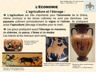 Deux abeilles autour d'un rayon de miel
                                                                                      Crète, v. 1700-1500 av. J.-C.


                                            L’ÉCONOMIE
                                     L’agriculture et l’élevage :
 L’agriculture est très importante pour l’économie de la Grèce,
même (incluso) si les terres cultivées ne sont pas étendues. Les
paysans cultivent principalement la vigne et l’olivier. Ils pratiquent
aussi l’apiculture (élevage d’abeilles pour le miel).
 Les grecs pratiquent aussi l’élevage de moutons,
de chèvres, de porcs, d’ânes et de mules.
Les bœufs et les chevaux sont rares.
                                 Dionysos et Ariane sous
                                 une vigne, amphore,
                                 v. 520 av. J.-C.




                                                           Berger monté sur un bélier et jouant de l'aulos,
                                                                                                            Récolte des olives, amphore attique
                                                           amphore v. 470 av. J.-C., musée du Louvre
                                                                                                            à figure noire,
Laboureur. Coupe à figures noires.                                                                          VIe siècle av. J.-C. British Museum
vers 530 av. J.-C. Musée du Louvre
 