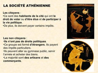 LA SOCIÉTÉ ATHÉNIENNE

Les citoyens :
•Ce sont des habitants de la cité qui ont le
droit de voter ou d’être élus et de participer à
la vie politique.
•De plus, ils doivent payer certains impôts.



Les non citoyens :
•Ils n’ont pas de droits politiques.
•Ce groupe est formé d’étrangers. Ils payent
des impôts particuliers.
•Ils peuvent aller au gymnase public, servir
l’armée et acheter des biens.
•La majorité sont des artisans et des
commerçants.
 