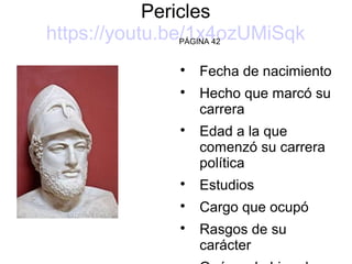 Pericles
https://youtu.be/1x4ozUMiSqkPÁGINA 42

Fecha de nacimiento

Hecho que marcó su
carrera

Edad a la que
comenzó su carrera
política

Estudios

Cargo que ocupó

Rasgos de su
carácter
 