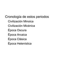 Cronología de estos periodos
Civilización Minoica
Civilización Micénica
Época Oscura
Época Arcaica
Época Clásica
Época Helenística
 