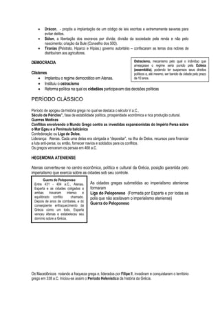     Drácon, - propôs a implantação de um código de leis escritas e extremamente severas para
         evitar delitos.
        Sólon, a libertação dos escravos por dívida; divisão da sociedade pela renda e não pelo
         nascimento; criação da Bule (Conselho dos 500).
        Tiranias (Psístrato, Hiparco e Hípias.) governo autoritário – confiscaram as terras dos nobres de
         distribuíram aos agricultores.

DEMOCRACIA                                                           Ostracismo, mecanismo pelo qual o indivíduo que
                                                                     ameaçasse o regime seria punido pela Eclésia
                                                                     (assembléia), podendo ter suspensos seus direitos
Clístenes                                                            políticos e, até mesmo, ser banido da cidade pelo prazo
     Implantou o regime democrático em Atenas.                      de 10 anos.
     Instituiu o ostracismo
     Reforma política na qual os cidadãos participavam das decisões políticas

PERÍODO CLÁSSICO

Período de apogeu da história grega no qual se destaca o século V a.C.,
Século de Péricles”, fase de estabilidade política, prosperidade econômica e rica produção cultural.
Guerras Médicas
Conflitos envolvendo o Mundo Grego contra as investidas expansionistas do Império Persa sobre
o Mar Egeu e a Península balcânica
Confederação ou Liga de Delos,
Liderança: Atenas. Cada uma delas era obrigada a “depositar”, na ilha de Delos, recursos para financiar
a luta anti-persa; ou então, fornecer navios e soldados para os conflitos.
Os gregos venceram os persaa em 468 a.C.

HEGEMONIA ATENIENSE

Atenas converteu-se no centro econômico, político e cultural da Grécia, posição garantida pelo
imperialismo que exercia sobre as cidades sob seu controle.
         Guerra do Peloponeso
  Entre 431 - 404 a.C., Atenas,         As cidades gregas submetidas ao imperialismo ateniense
  Esparta e as cidades coligadas a      formaram
  ambas      travaram     intenso  e    Liga do Peloponeso (Formada por Esparta e por todas as
  equilibrado conflito       chamado.   polis que não aceitavam o imperialismo ateniense)
  Depois de anos de combates, e do
  conseqüente enfraquecimento da
                                        Guerra do Peloponeso
  Grécia como um todo, Esparta
  venceu Atenas e estabeleceu seu
  domínio sobre a Grécia.




Os Macedônicos notando a fraqueza grega e, liderados por Filipe II, invadiram e conquistaram o território
grego em 338 a.C. Iniciou-se assim o Período Helenístico da história da Grécia.
 