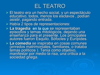 EL TEATRO El teatro era un hecho social, y un espectáculo educativo, todos, menos los esclavos , podían asistir, pagando entrada. Había 2 tipos de representaciones:  La tragedia  en la que  se representaban episodios y temas mitológicos, dejando una enseñanza para el presente. Los principales autores fueron Esquilo, Sófocles y Eurípides. La comedia  se inspiraba en cosas comunes (enredos matrimoniales, familiares, o trataba temas políticos ). Tenía como objetivo,  manifestar por medio la risa, una crítica a la sociedad griega. 