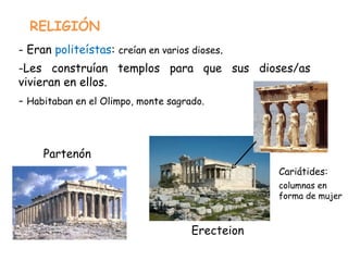 RELIGIÓN Eran  politeístas :  creían en varios dioses . Les construían templos para que sus dioses/as vivieran en ellos. Habitaban en el Olimpo, monte sagrado. Partenón Erecteion Cariátides: columnas en forma de mujer 