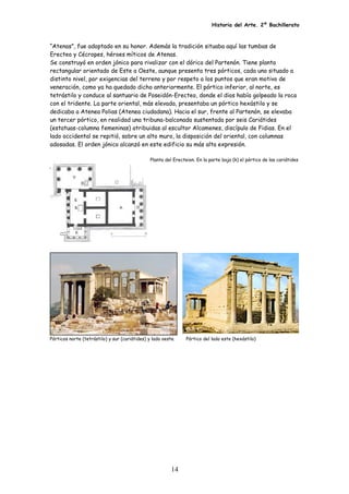 Historia del Arte. 2º Bachillerato
“Atenas”, fue adoptado en su honor. Además la tradición situaba aquí las tumbas de
Erecteo y Cécropes, héroes míticos de Atenas.
Se construyó en orden jónico para rivalizar con el dórico del Partenón. Tiene planta
rectangular orientado de Este a Oeste, aunque presenta tres pórticos, cada uno situado a
distinto nivel, por exigencias del terreno y por respeto a los puntos que eran motivo de
veneración, como ya ha quedado dicho anteriormente. El pórtico inferior, al norte, es
tetrástilo y conduce al santuario de Poseidón-Erecteo, donde el dios había golpeado la roca
con el tridente. La parte oriental, más elevada, presentaba un pórtico hexástilo y se
dedicaba a Atenea Polias (Atenea ciudadana). Hacia el sur, frente al Partenón, se elevaba
un tercer pórtico, en realidad una tribuna-balconada sustentada por seis Cariátides
(estatuas-columna femeninas) atribuidas al escultor Alcamenes, discípulo de Fidias. En el
lado occidental se repitió, sobre un alto muro, la disposición del oriental, con columnas
adosadas. El orden jónico alcanzó en este edificio su más alta expresión.
Planta del Erecteion. En la parte baja (k) el pórtico de las cariátides
Pórticos norte (tetrástilo) y sur (cariátides) y lado oeste. Pórtico del lado este (hexástilo)
14
 
