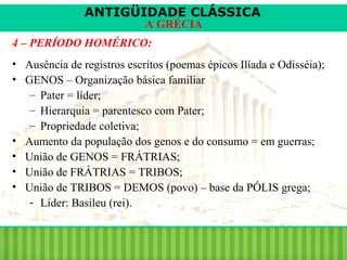 ANTIGÜIDADE CLÁSSICA
A GRÉCIA

4 – PERÍODO HOMÉRICO:
• Ausência de registros escritos (poemas épicos Ilíada e Odisséia);
• GENOS – Organização básica familiar
– Pater = líder;
– Hierarquia = parentesco com Pater;
– Propriedade coletiva;
• Aumento da população dos genos e do consumo = em guerras;
• União de GENOS = FRÁTRIAS;
• União de FRÁTRIAS = TRIBOS;
• União de TRIBOS = DEMOS (povo) – base da PÓLIS grega;
- Líder: Basileu (rei).

 