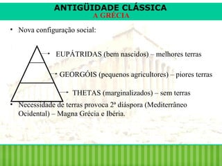 ANTIGÜIDADE CLÁSSICA
A GRÉCIA

• Nova configuração social:
EUPÁTRIDAS (bem nascidos) – melhores terras
GEORGÓIS (pequenos agricultores) – piores terras
THETAS (marginalizados) – sem terras
• Necessidade de terras provoca 2ª diáspora (Mediterrâneo
Ocidental) – Magna Grécia e Ibéria.

 