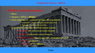 Antiguidade Clássica : GRÉCIA 
• ATENAS: modelo democrático; 
• Ática; 
• Aqueus + Eólios + Jônios; 
• Início oligárquico – controle político dos Eupátridas; 
• 9 Arcontes – exército, religião e poder judiciário; 
• Areópago – controle dos arcontes. 
- Aumento do comércio redefine classes sociais: 
EUPÁTRIDAS (elite aristocrata governantes das pólis) 
DEMIURGOS (comerciantes e artesãos prósperos) 
GEORGÓIS e THETAS (pequenos agricultores e marginalizados em geral) 
METECOS (estrangeiros) 
ESCRAVOS (povos conquistados) 
Forte 
 
