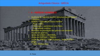 Antiguidade Clássica : GRÉCIA 
• 4 – PERÍODO HOMÉRICO: 
• Ausência de registros escritos (poemas épicos Ilíada e 
Odisséia); 
• GENOS – Organização básica familiar 
-Pater = líder; 
-Hierarquia = parentesco com Pater; 
-Propriedade coletiva; 
• Aumento da população dos genos e do consumo 
resulta em guerras; 
• União de GENOS = FRÁTRIAS; 
• União de FRÁTRIAS = TRIBOS; 
• União de TRIBOS = DEMOS (povo) – base da PÓLIS 
grega; 
-Líder: Basileu (rei). 
4- Fraco 
 