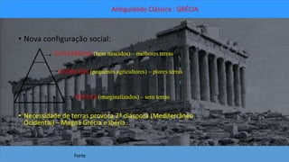 • Nova configuração social: 
Antiguidade Clássica : GRÉCIA 
EUPÁTRIDAS (bem nascidos) – melhores terras 
GEORGÓIS (pequenos agricultores) – piores terras 
THETAS (marginalizados) – sem terras 
• Necessidade de terras provoca 2ª diáspora (Mediterrâneo 
Ocidental) – Magna Grécia e Ibéria. 
Forte 
 
