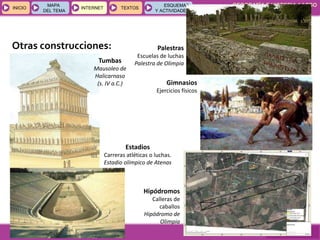 GEOGRAFÍA E HISTORIA 1.º ESO
TEMAS 12 y 13
INICIOINICIO
MAPA
DEL TEMA
MAPA
DEL TEMA
INTERNETINTERNET TEXTOSTEXTOSTEXTOS
ESQUEMAS
Y ACTIVIDADES
ESQUEMAS
Y ACTIVIDADES
Otras construcciones:
Tumbas
Mausoleo de
Halicarnaso
(s. IV a.C.)
Estadios
Carreras atléticas o luchas.
Estadio olímpico de Atenas
Hipódromos
Calleras de
caballos
Hipódromo de
Olimpia
Gimnasios
Ejercicios físicos
Palestras
Escuelas de luchas
Palestra de Olimpia
 