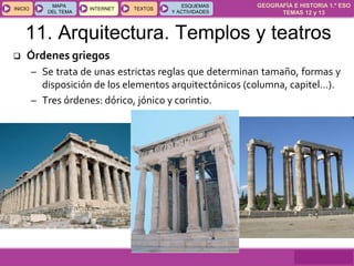 GEOGRAFÍA E HISTORIA 1.º ESO
TEMAS 12 y 13
INICIOINICIO
MAPA
DEL TEMA
MAPA
DEL TEMA
INTERNETINTERNET TEXTOSTEXTOSTEXTOS
ESQUEMAS
Y ACTIVIDADES
ESQUEMAS
Y ACTIVIDADES
 Órdenes griegos
– Se trata de unas estrictas reglas que determinan tamaño, formas y
disposición de los elementos arquitectónicos (columna, capitel…).
– Tres órdenes: dórico, jónico y corintio.
11. Arquitectura. Templos y teatros
 