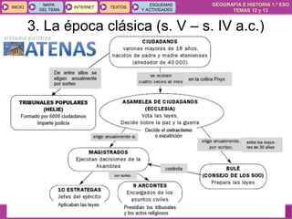 GEOGRAFÍA E HISTORIA 1.º ESO
TEMAS 12 y 13
INICIOINICIO
MAPA
DEL TEMA
MAPA
DEL TEMA
INTERNETINTERNET TEXTOSTEXTOSTEXTOS
ESQUEMAS
Y ACTIVIDADES
ESQUEMAS
Y ACTIVIDADES
3. La época clásica (s. V – s. IV a.c.)
 