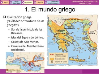 GEOGRAFÍA E HISTORIA 1.º ESO
TEMAS 12 y 13
INICIOINICIO
MAPA
DEL TEMA
MAPA
DEL TEMA
INTERNETINTERNET TEXTOSTEXTOSTEXTOS
ESQUEMAS
Y ACTIVIDADES
ESQUEMAS
Y ACTIVIDADES
1. El mundo griego
 Civilización griega
(“Hélade” o “territorio de los
griegos”):
– Sur de la península de los
Balcanes.
– Islas del Egeo y del Jónico.
– Costas de Asia Menor.
– Colonias del Mediterráneo
occidental.
 