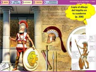 GEOGRAFÍA E HISTORIA 1.º ESO
TEMAS 12 y 13
INICIOINICIO
MAPA
DEL TEMA
MAPA
DEL TEMA
INTERNETINTERNET TEXTOSTEXTOSTEXTOS
ESQUEMAS
Y ACTIVIDADES
ESQUEMAS
Y ACTIVIDADES
Copia el dibujo
del hóplita en
tu cuaderno
(p. 208)
 