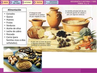 GEOGRAFÍA E HISTORIA 1.º ESO
TEMAS 12 y 13
INICIOINICIO
MAPA
DEL TEMA
MAPA
DEL TEMA
INTERNETINTERNET TEXTOSTEXTOSTEXTOS
ESQUEMAS
Y ACTIVIDADES
ESQUEMAS
Y ACTIVIDADES
Alimentación
• Cereales
• Queso
• Huevos
• Frutas
• Verduras
• Aceite de oliva
• Leche de cabra
• Pescado
• Carne (para
familias ricas o días
señalados).
 
