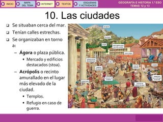 GEOGRAFÍA E HISTORIA 1.º ESO
TEMAS 12 y 13
INICIOINICIO
MAPA
DEL TEMA
MAPA
DEL TEMA
INTERNETINTERNET TEXTOSTEXTOSTEXTOS
ESQUEMAS
Y ACTIVIDADES
ESQUEMAS
Y ACTIVIDADES
10. Las ciudades
 Se situaban cerca del mar.
 Tenían calles estrechas.
 Se organizaban en torno
a:
– Ágora o plaza pública.
• Mercado y edificios
destacados (stoa).
– Acrópolis o recinto
amurallado en el lugar
más elevado de la
ciudad.
• Templos.
• Refugio en caso de
guerra.
 