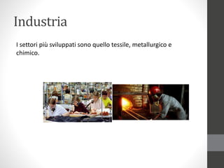 Industria
I settori più sviluppati sono quello tessile, metallurgico e
chimico.
 