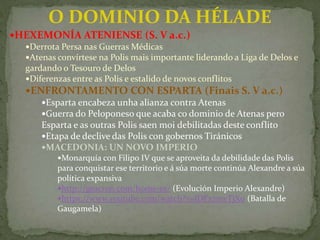 HEXEMONÍA ATENIENSE (S. V a.c.)
Derrota Persa nas Guerras Médicas
Atenas convírtese na Polis mais importante liderando a Liga de Delos e
gardando o Tesouro de Delos
Diferenzas entre as Polis e estalido de novos conflitos
ENFRONTAMENTO CON ESPARTA (Finais S. V a.c.)
Esparta encabeza unha alianza contra Atenas
Guerra do Peloponeso que acaba co dominio de Atenas pero
Esparta e as outras Polis saen moi debilitadas deste conflito
Etapa de declive das Polis con gobernos Tiránicos
MACEDONIA: UN NOVO IMPERIO
Monarquía con Filipo IV que se aproveita da debilidade das Polis
para conquistar ese territorio e á súa morte continúa Alexandre a súa
política expansiva
http://geacron.com/home-es/ (Evolución Imperio Alexandre)
https://www.youtube.com/watch?v=JDFx7mvTjX0 (Batalla de
Gaugamela)
O DOMINIO DA HÉLADE
 