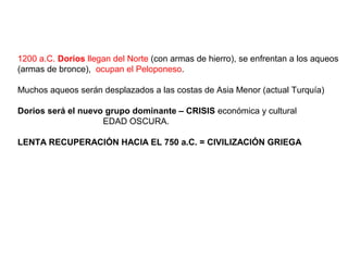 1200 a.C. Dorios llegan del Norte (con armas de hierro), se enfrentan a los aqueos
(armas de bronce), ocupan el Peloponeso.
Muchos aqueos serán desplazados a las costas de Asia Menor (actual Turquía)
Dorios será el nuevo grupo dominante – CRISIS económica y cultural
EDAD OSCURA.
LENTA RECUPERACIÓN HACIA EL 750 a.C. = CIVILIZACIÓN GRIEGA
 