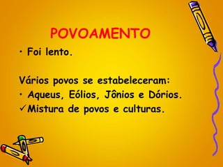 POVOAMENTO
• Foi lento.
Vários povos se estabeleceram:
• Aqueus, Eólios, Jônios e Dórios.
Mistura de povos e culturas.
 