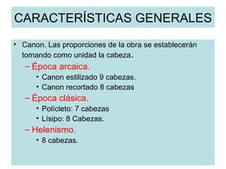 CARACTERÍSTICAS GENERALES Canon. Las proporciones de la obra se establecerán tomando como unidad la cabeza .  Época arcaica. Canon estilizado 9 cabezas. Canon recortado 8 cabezas Época clásica. Polícleto: 7 cabezas Lísipo: 8 Cabezas. Helenismo. 8 cabezas. 