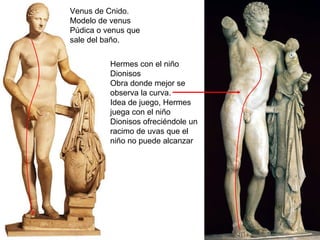 Venus de Cnido. Modelo de venus Púdica o venus que sale del baño. Hermes con el niño Dionisos Obra donde mejor se observa la curva. Idea de juego, Hermes juega con el niño Dionisos ofreciéndole un racimo de uvas que el niño no puede alcanzar 