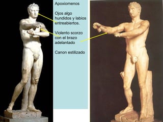 Apoxiomenos Ojos algo hundidos y labios entreabiertos. Violento scorzo con el brazo adelantado Canon estilizado 