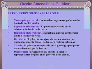 Grecia: Antecedentes Políticos LA EVOLUCIÓN POLÍTICA DE LAS POLIS Monarquía patriarcal : Gobernaban reyes cuyo poder estaba limitado por los nobles. República aristocrática : El poder era ejercido por la aristocracia dueña de la tierra. República plutocrática : Gobernaba la antigua aristocracia unida a los nuevos ricos. Dictadura:  El gobierno era ejercido por un hombre que asumía legalmente todo el poder para realizar reformas. Tiranía:  El gobierno era ejercido por algunos grupos que se mantenían en él por la fuerza. Democracia:  Participación del pueblo  mediante representantes elegidos en el gobierno de la ciudad. 