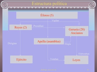 Estructura política Éforos (5) Reyes (2) Ejército Apella (asamblea) Gerusía (28) Ancianos Leyes Vigilan Presidían Dirigían Votaban Elaboraban Elegía 