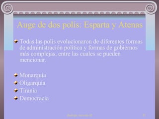 Auge de dos polís: Esparta y Atenas Todas las polis evolucionaron de diferentes formas de administración política y formas de gobiernos más complejas, entre las cuales se pueden mencionar. Monarquía Oligarquía Tiranía Democracia 