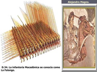 La falange Macedonia.
Alejandro Magno.
D.34. La infantería Macedónica se conocía como
La Falange.
 