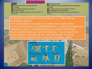 LAS OLIMPIADAS




ARRANCAN POR PRMERA VEZ EN EL AÑO 776 a. C (AÑO CERO DEL
CALENDARIO GRIEGO)
SE CELEBRABAN EN LA CIUDAD DE OLIMPIA CADA CUATRO AÑOS
CADA POLIS ENVIABA A SUS REPRESENTANTES . EL VENCEDOR RECIBÍA UNA
CORONA DE LAUREL Y ERA INMORTALIZADO EN FORMA DE ESTATUTA
LOS JUEGOS POSEÍAN UN CARÁCTER RELIGIOSO , PUES EN OLIMPIA SE
ENCONTRABA EL SANTUARO DE ZEUS MÁS IMPORTANTE DE GRECIA
SOLO PODÍAN COMPETIR LOS CIUDADANOS (HOMBRES LIBRES)
 