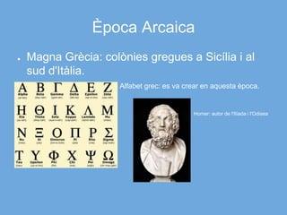 Època Arcaica
● Magna Grècia: colònies gregues a Sicília i al
sud d'Itàlia.
● Alfabet grec: es va crear en aquesta època.
●
●
● Homer: autor de l'Ilíada i l'Odisea
●
 