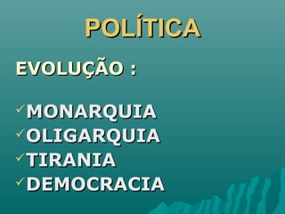 POLÍTICAPOLÍTICA
EVOLUÇÃO :EVOLUÇÃO :
MONARQUIAMONARQUIA
OLIGARQUIAOLIGARQUIA
TIRANIATIRANIA
DEMOCRACIADEMOCRACIA
 