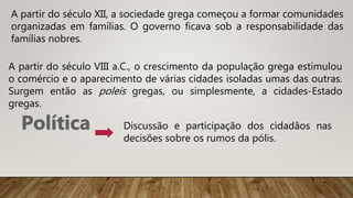 A partir do século XII, a sociedade grega começou a formar comunidades
organizadas em famílias. O governo ficava sob a responsabilidade das
famílias nobres.
A partir do século VIII a.C., o crescimento da população grega estimulou
o comércio e o aparecimento de várias cidades isoladas umas das outras.
Surgem então as poleis gregas, ou simplesmente, a cidades-Estado
gregas.
Discussão e participação dos cidadãos nas
decisões sobre os rumos da pólis.
 