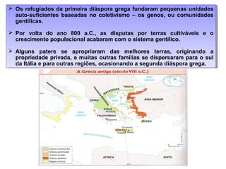  Os refugiados da primeira diáspora grega fundaram pequenas unidades
auto-suficientes baseadas no coletivismo – os genos, ou comunidades
gentílicas.
 Por volta do ano 800 a.C., as disputas por terras cultiváveis e o
crescimento populacional acabaram com o sistema gentílico.
 Alguns paters se apropriaram das melhores terras, originando a
propriedade privada, e muitas outras famílias se dispersaram para o sul
da Itália e para outras regiões, ocasionando a segunda diáspora grega.
 Os refugiados da primeira diáspora grega fundaram pequenas unidades
auto-suficientes baseadas no coletivismo – os genos, ou comunidades
gentílicas.
 Por volta do ano 800 a.C., as disputas por terras cultiváveis e o
crescimento populacional acabaram com o sistema gentílico.
 Alguns paters se apropriaram das melhores terras, originando a
propriedade privada, e muitas outras famílias se dispersaram para o sul
da Itália e para outras regiões, ocasionando a segunda diáspora grega.
 
