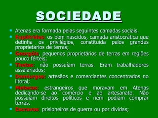 SOCIEDADE Atenas era formada pelas seguintes camadas sociais. Eupátridas:   os bem nascidos, camada aristocrática que detinha os privilégios, constituída pelos grandes proprietários de terras; Georgóis , pequenos proprietários de terras em regiões pouco férteis; Thetas :  não possuíam terras. Eram trabalhadores assalariados; Demiurgos:   artesãos e comerciantes concentrados no litoral; Metecos :  estrangeiros que moravam em Atenas dedicando-se ao comércio e ao artesanato. Não possuíam direitos políticos e nem podiam comprar terras. Escravos :  prisioneiros de guerra ou por dívidas; 