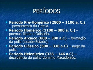 PERÍODOS Período Pré-Homérico (2800 – 1100 a. C.)  – povoamento da Grécia. Período Homérico (1100 – 800 a. C.)  – poemas Ilíada e Odisséia. Período Arcaico (800 – 500 a.C)  – formação da pólis (cidade-Estado). Período Clássico (500 – 336 a.C)  – auge da pólis. Período Helenístico (336 – 146 a.C) –  decadência da pólis/ domínio Macedônico. 
