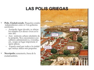 LAS POLIS GRIEGAS Polis. Ciudad-estado . Pequeños estados  independientes entre sí. Con gobierno autónomo. Acrópolis: lugar elevado, se ubican los templos Los dioses viven en lo más alto. Asty:  territorio urbano alrededor de la acrópolis. Nos encontramos con edificios administrativos, viviendas, etc., ocupa un lugar importante el ágora (plaza).   Espacio rural que rodea a la ciudad que incluye aldeas más pequeñas.  Necrópolis:  cementerio, fuera de la ciudad también. 