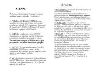 ATENAS Podemos distinguir en Atenas 4 grupos sociales según su poder económico: a)  PENTAKOSIOMEDIMNOS : eran aquellas personas que tenían tierras que producían más de 500 medimnos de cereal (1 medimno= 50 litros). En caso de guerra tenían que equipar una trirreme. b)  HIPÉIS : producían entre 300-500 medimnos; en caso de guerra tenían que equipar un caballo o entregar su valor.  Para ocupar cargos públicos se exigía pertenecer a uno de estos dos grupos .  c)  ZEUGITAS : producían entre 200-300 medimnos; tenían voz y voto en las asambleas. En caso de guerra servían como  hoplitas  o infantería pesada. d)  TETES : tenían menos de 200 medimnos o nada. Hablaban en las asambleas pero no votaban (voz pero no voto). En la guerra servían de remeros.   ESPARTA a)  ESPARTIATAS : eran los descendientes de los conquistadores Dorios.  Las tierras eran trabajadas por otros que les pagaban una renta.  Tenían prohibido trabajar.  Eran los únicos que participaban en la política siempre que fueran mayores de 30 años (entraban al ejército a los 7 años). b)  PERIECOS : son personas que fueron o trabajar a las tierras menos fértiles (a la periferia). Se dedicaron al comercio, a la artesanía y a la ganadería (su situación económica mejoraba con el tiempo). No participaban en la política aunque sí en el ejército (tropa auxiliar). c)  ILOTAS : es la clase fundamental de Esparta, son personas que ofrecieron resistencia ante la invasión Doria. Fueron sometidos a un régimen de servidumbre. Trabajaban tierras del estado y tenían que pagar una renta a una familia de espartiatas asignada. No participan ni en la política ni en el ejército. Numéricamente son superiores a los espartiatas. d)  MESENIOS : sus condiciones son las mismas que la de los ilotas; son habitantes de Mesenia (región conquistada por los espartiatas). e)  ESCLAVOS : eran esclavos domésticos y procedían de la guerra, de la piratería y de la compra.  
