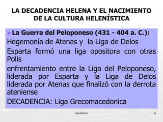 LA DECADENCIA HELENA Y EL NACIMIENTO
       DE LA CULTURA HELENÍSTICA

►La   Guerra del Peloponeso (431 - 404 a. C.):
Hegemonía de Atenas y la Liga de Delos
Esparta formó una liga opositora con otras
Polis
enfrentamiento entre la Liga del Peloponeso,
liderada por Esparta y la Liga de Delos
liderada por Atenas que finalizó con la derrota
ateniense
DECADENCIA: Liga Grecomacedonica
                      ANCARCOV                   33
 