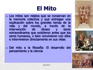 El Mito
►   Los mitos son relatos que se conservan en
    la memoria colectiva y que entregan una
    explicación sobre los grandes temas de la
    vida y del mundo, a través de la
    intervención      de    dioses    y     seres
    extraordinarios que existieron antes que los
    seres humanos, o bien convivieron con ellos
    e intervinieron directamente en sus vidas

►   Del mito a la filosofía: El desarrollo del
    pensamiento y la ciencia



                            ANCARCOV                3
 
