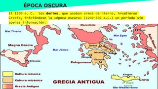 www.profesorfrancisco.es (CC BY-NC-SA 4.0)
ÉPOCA OSCURA
El 1200 a. C. los dorios, que usaban armas de hierro, invadieron
Grecia, iniciándose la «época oscura» (1200-800 a.C.) un periodo sin
apenas información.
3ª etapa:
oscura
 