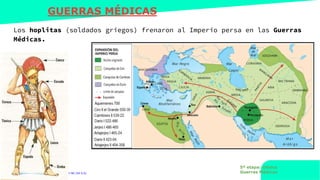 www.profesorfrancisco.es (CC BY-NC-SA 4.0)
GUERRAS MÉDICAS
Los hoplitas (soldados griegos) frenaron al Imperio persa en las Guerras
Médicas.
5ª etapa: clásica
Guerras Médicas
 