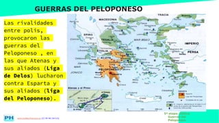www.profesorfrancisco.es (CC BY-NC-SA 4.0)
GUERRAS DEL PELOPONESO
Las rivalidades
entre polis,
provocaron las
guerras del
Peloponeso , en
las que Atenas y
sus aliados (Liga
de Delos) lucharon
contra Esparta y
sus aliados (liga
del Peloponeso).
5ª etapa: clásica
Guerras del
Peloponeso
 
