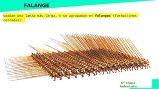 www.profesorfrancisco.es (CC BY-NC-SA 4.0)
FALANGE
Usaban una lanza más larga, y se agrupaban en falanges (formaciones
cerradas).
6ª etapa:
helenismo
 