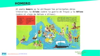 www.profesorfrancisco.es (CC BY-NC-SA 4.0)
HOMERO
Al poeta Homero se le atribuyen las principales obras
literarias: la Ilíada (sobre la guerra de Troya) y la Odisea
(sobre el viaje de Odiseo o Ulises).
Cultura griega.
Religión
 